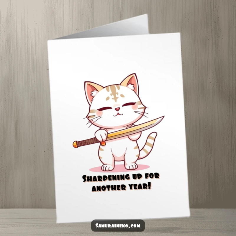 Funny Free Printable Birthday Card: Cat samurai sharpening sword with focused bliss, ready for party action.
