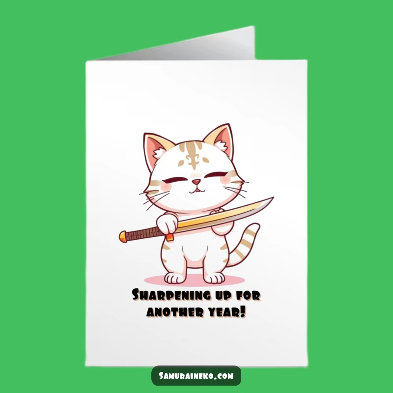 Free Printable Birthday Card: Funny Cat Samurai Sword Sharpening DIY Gift