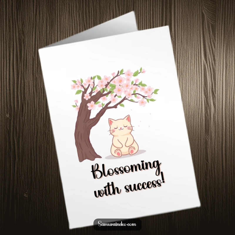 Funny Free Printable Congrats Card: A cat in meditation under cherry blossoms, smiling serenely.