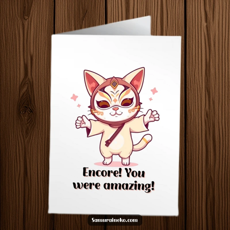Funny Free Printable Congratulations Card: A cat in a detailed kabuki mask, performing a joyful celebratory dance.