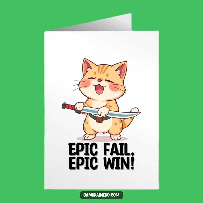 Celebrate their success with a hearty laugh! This free printable congratulations card features a laughing cat after a sword swing, easy to print at home.