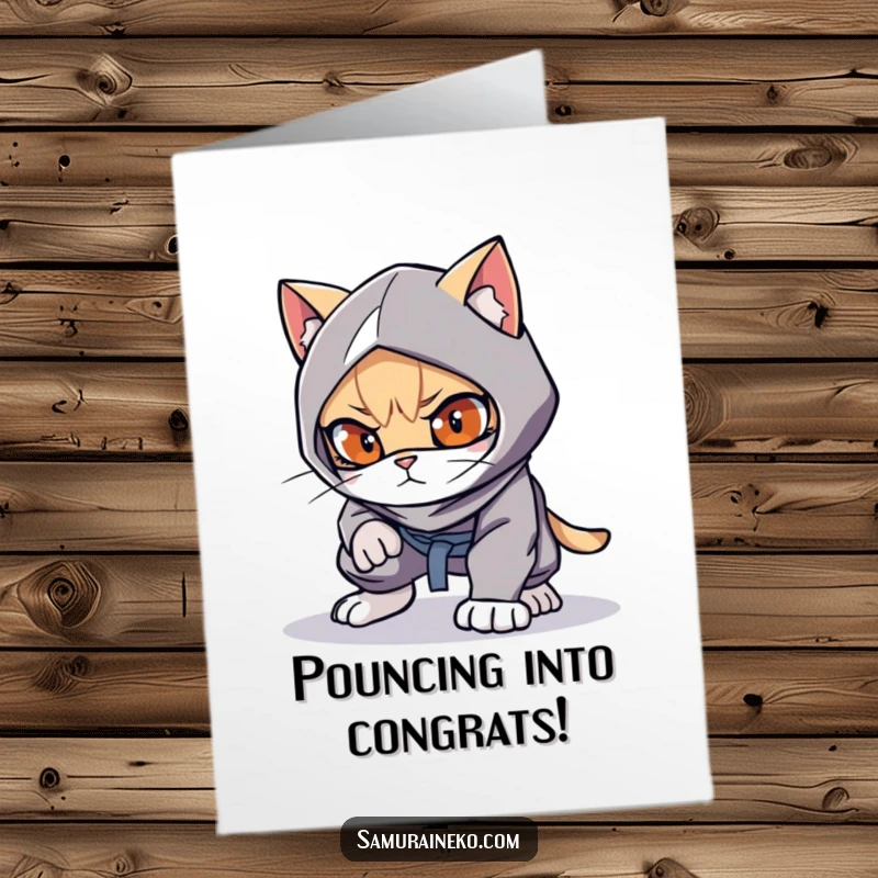 Funny Free Printable Congratulations Card: A cat ninja in a low crouch, eyes playful, ready to pounce on success with a hidden smile.