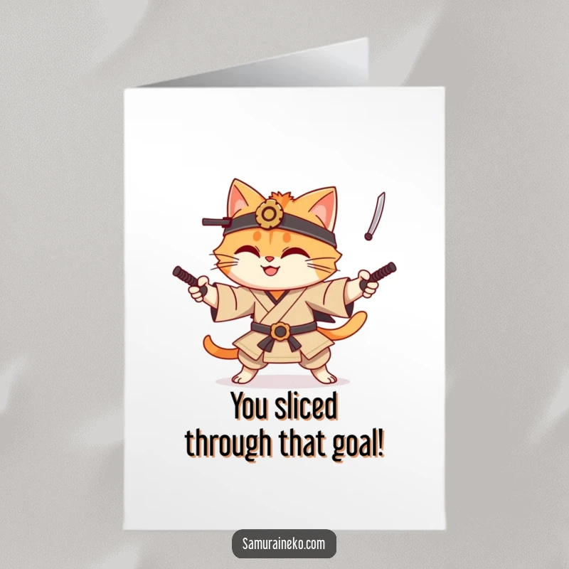 Funny free printable congratulations card: A skilled cat samurai juggles tiny katanas to celebrate your awesome success.