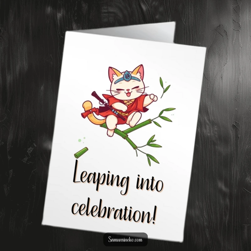 Funny Free Printable Congratulations Card: A cat samurai making an elegant leap over bamboo, celebrating a victory with finesse and flair.