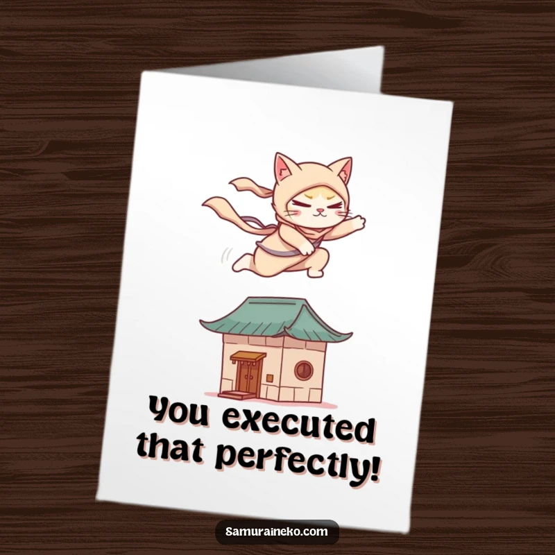 Funny Free Printable Congrats Card: A skilled cat ninja executes a graceful leap onto a rooftop in triumph.