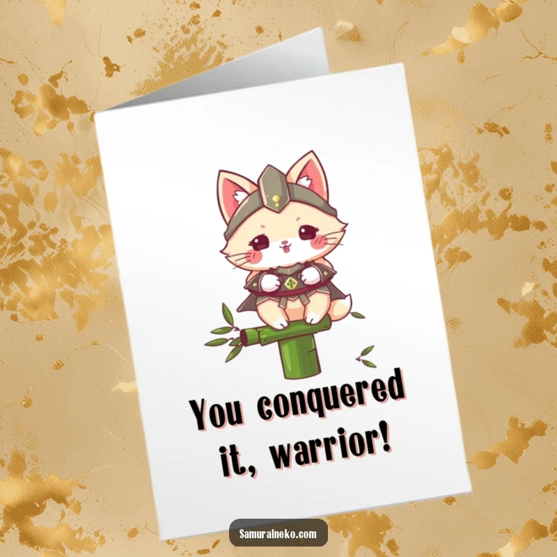 Funny Free Printable Congratulations Card: Fierce cat samurai in miniature armor stands proud on a bamboo stalk, celebrating success.