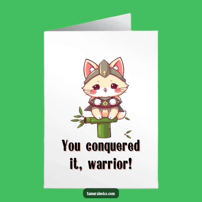 Free Printable Congrats Card: Cat Samurai Achieves Victory - Downloadable Message