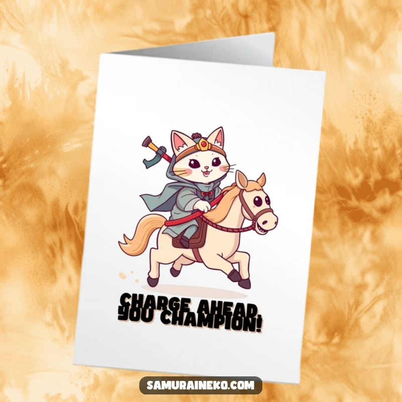 Funny Free Printable Congratulations Card: A cat warrior in samurai gear, joyfully riding a hobby horse into success.