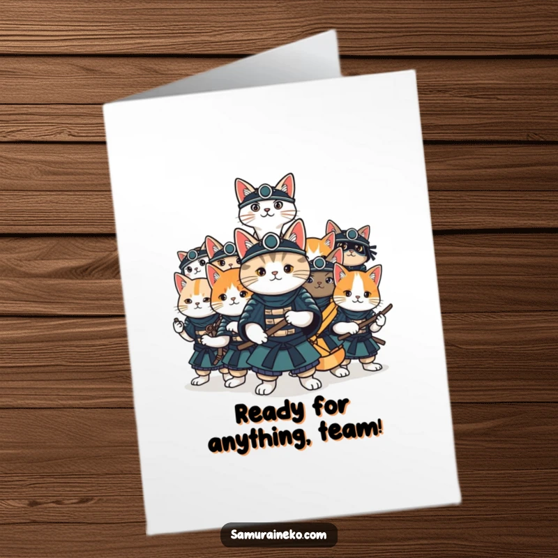 Funny Free Printable Congratulations Card: A group of cool cats demonstrating various samurai stances with playful energy.