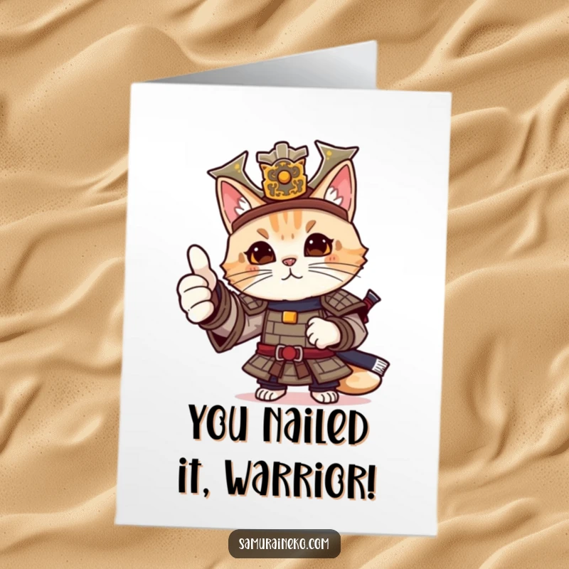 Funny Free Printable Congratulations Card: A cat warrior in ornate samurai armor proudly giving a solid thumbs-up.