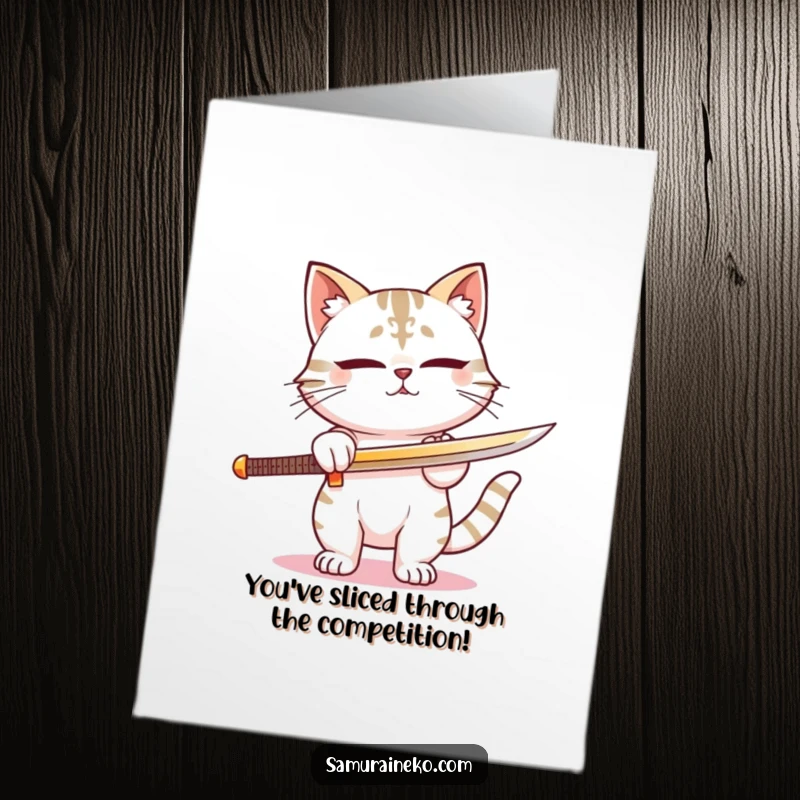 Funny Free Printable Congratulations Card: Cat samurai with sword, focused look, celebrating a well-earned win.