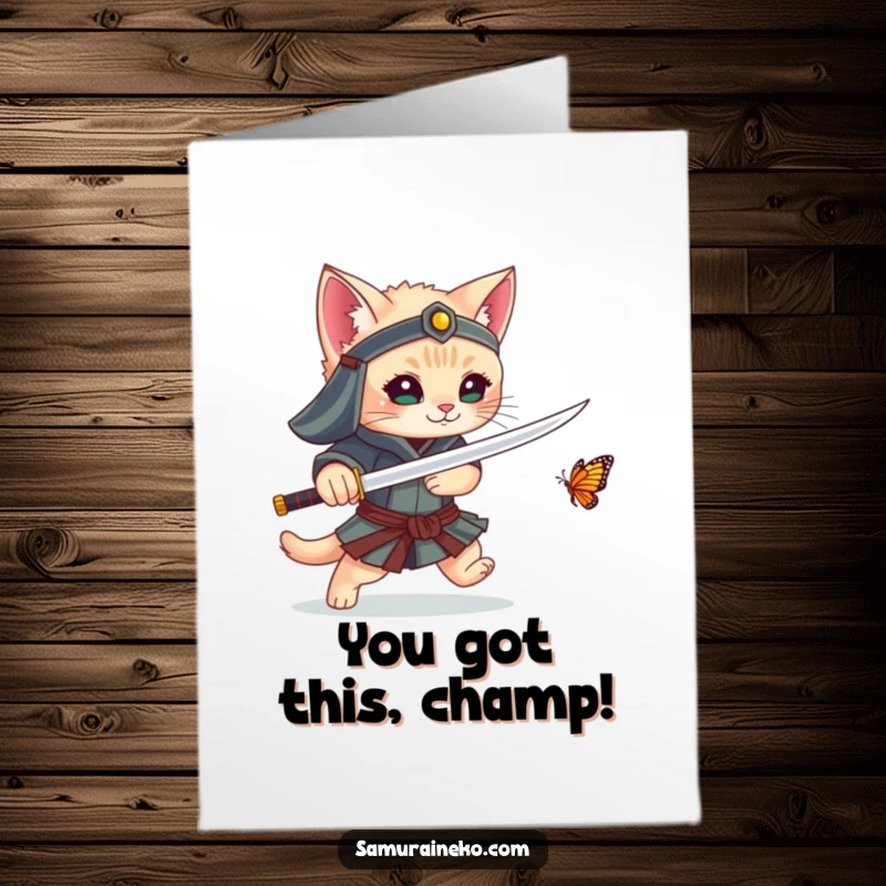 Funny Free Printable Congrats Card: A kitten samurai heroically, yet playfully, pursues a butterfly with sword.