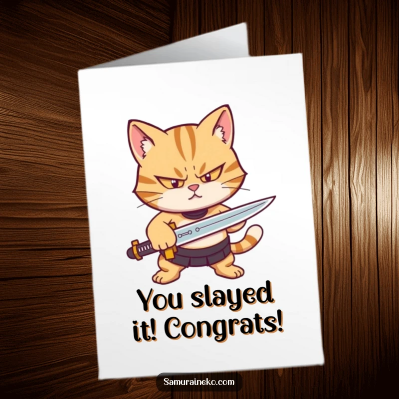 Funny free printable congratulations card showing a focused cat sharpening a small sword, celebrating a great achievement.