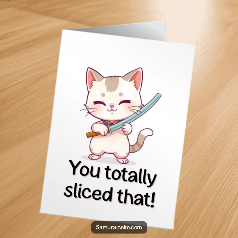 Funny Free Printable Congratulations Card with a cat intensely holding a small bamboo sword, ready for action with playful energy.