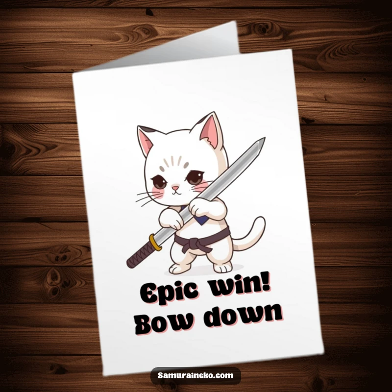 Funny Free Printable Congratulations Card: Proudly sheathing a tiny katana, a cat salutes victory.