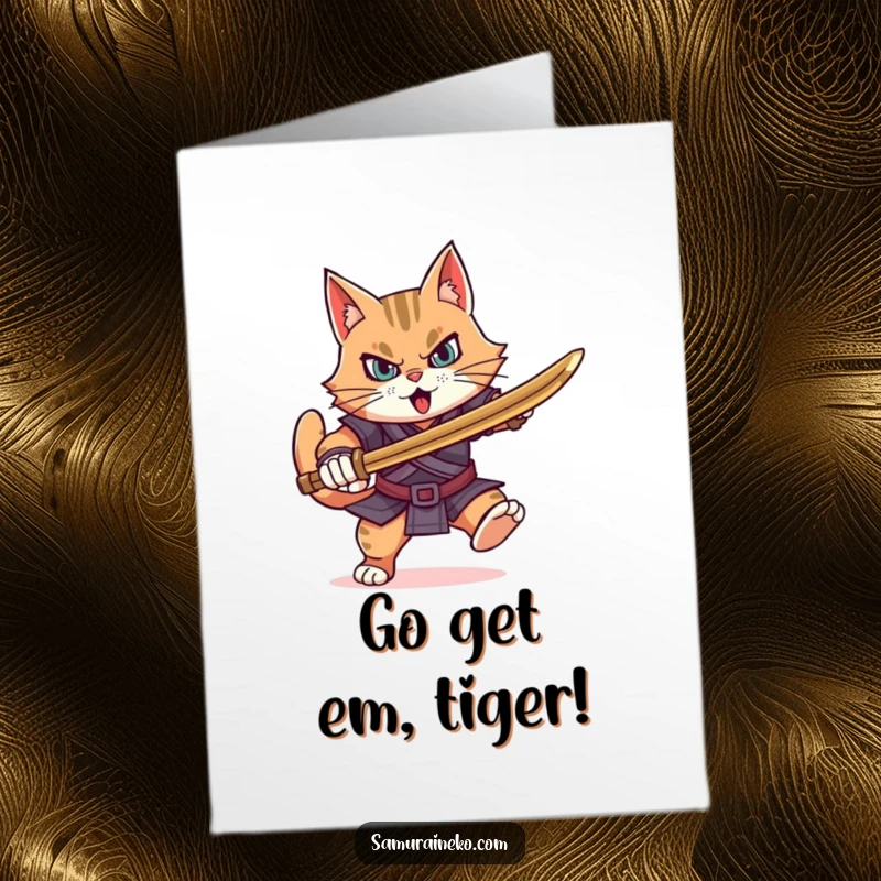 Funny Free Printable Congratulations Card: Fierce cat warrior charging forward with a bamboo sword, full of determination.