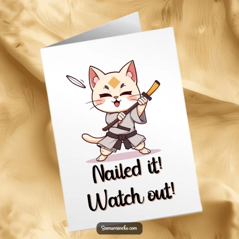 Funny Free Printable Congratulations Card: Cat samurai character gleefully evades a thrown shuriken with a triumphant expression.