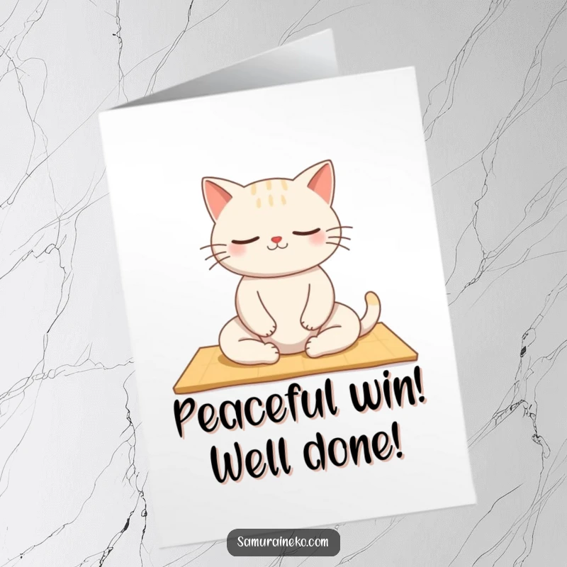 Funny Free Printable Congratulations Card: A cat meditating serenely on a tatami mat, signifying calm success.