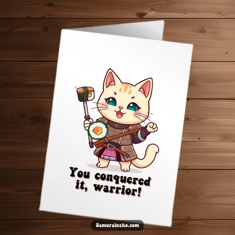 Funny Free Printable Congrats Card: A cat in samurai armor joyfully brandishes a sushi roll to mark success.
