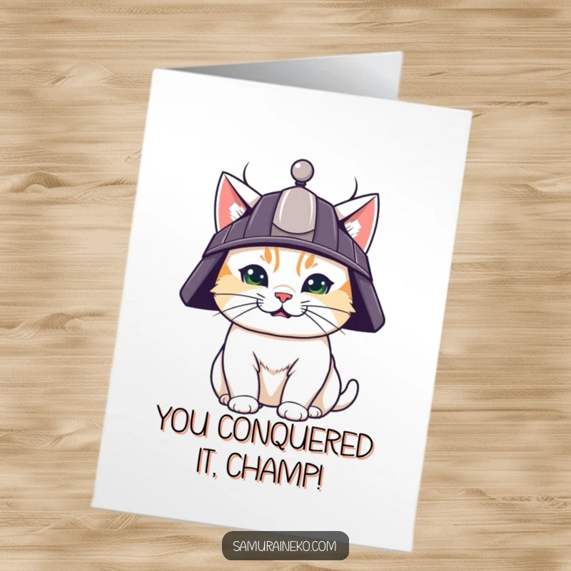 Funny Free Printable Congratulations Card featuring a cute cat wearing a small samurai helmet and a determined, proud grin.