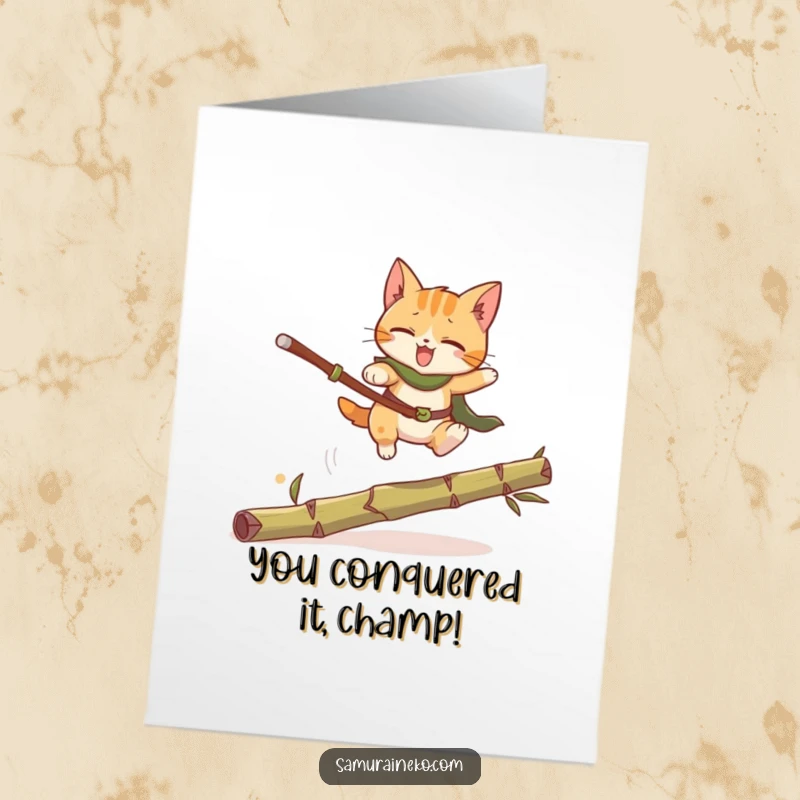 Funny Free Printable Congratulations Card: A dynamic cat warrior mid-leap over a bamboo stalk, celebrating an achievement.