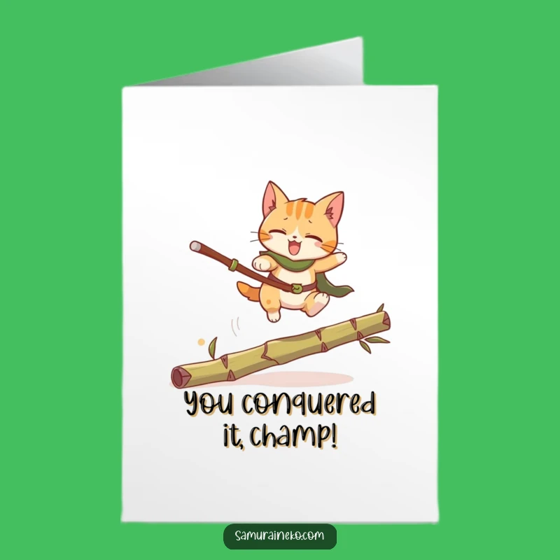 Free Printable Congrats Card: Funny Cat Warrior Leaping, Perfect Downloadable Gift