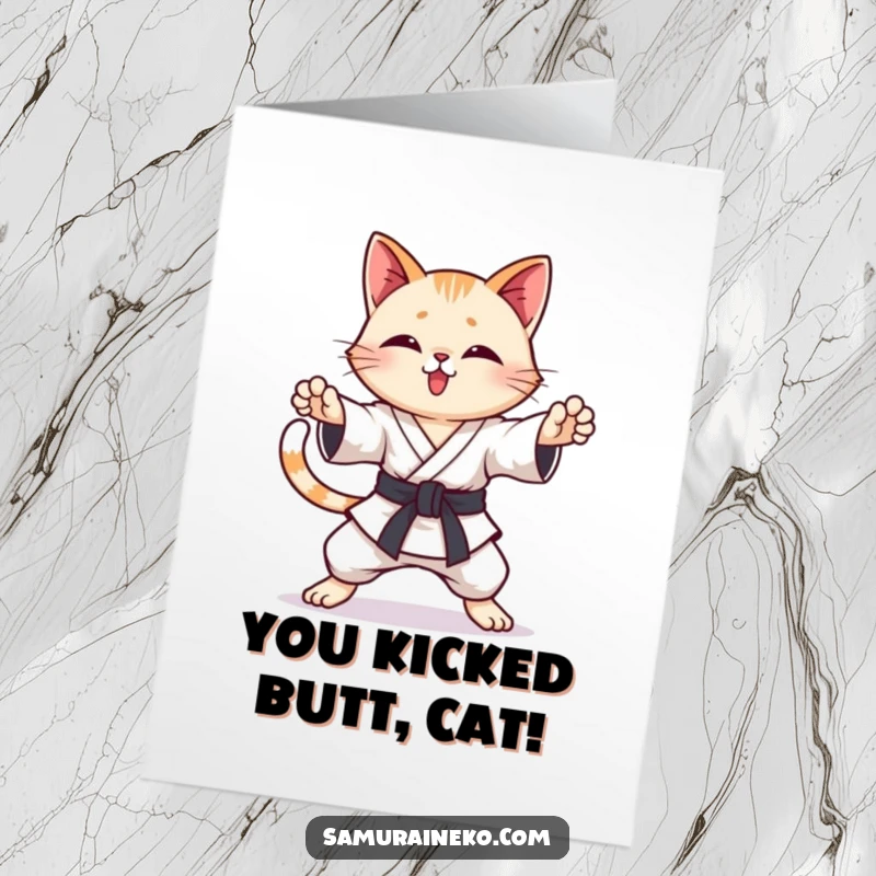 Funny Free Printable Congrats Card: A cat striking karate poses with a happy, wagging tail to celebrate.