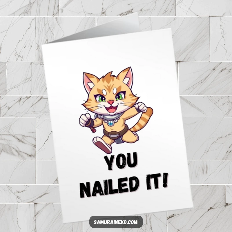 Funny Free Printable Congratulations Card: A happy warrior cat mid-leap shows determination and joy for your success.
