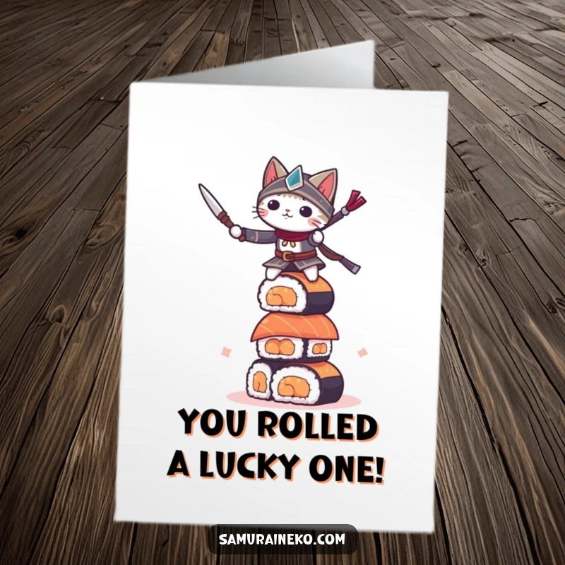 Funny Free Printable Congratulations Card: Determined small cat warrior expertly balancing on a precarious sushi stack.