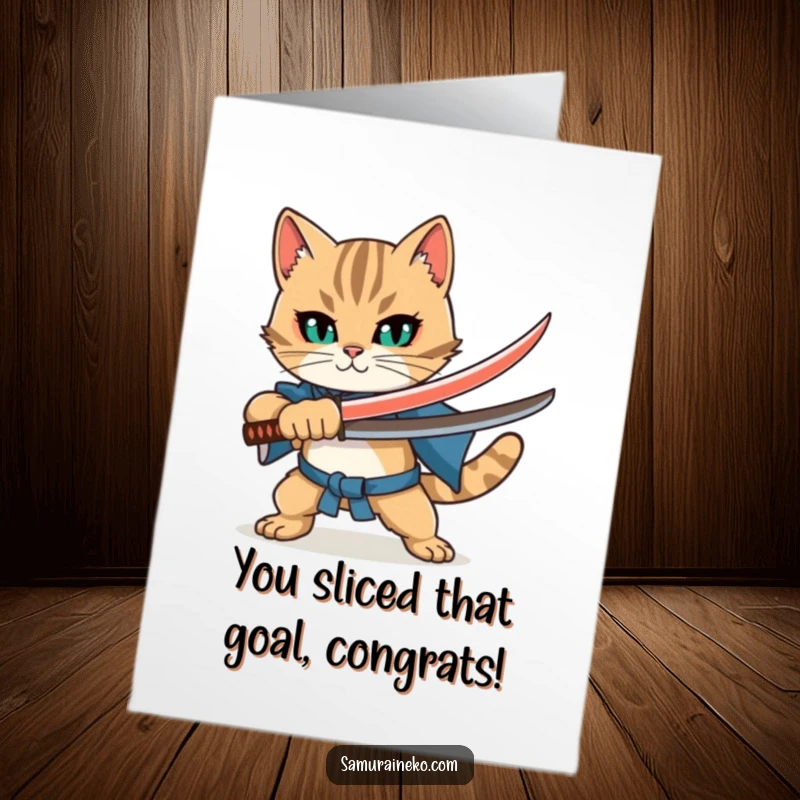 Funny Free Printable Congratulations Card: Cat samurai wielding a katana, striking a confident pose to celebrate achievements.
