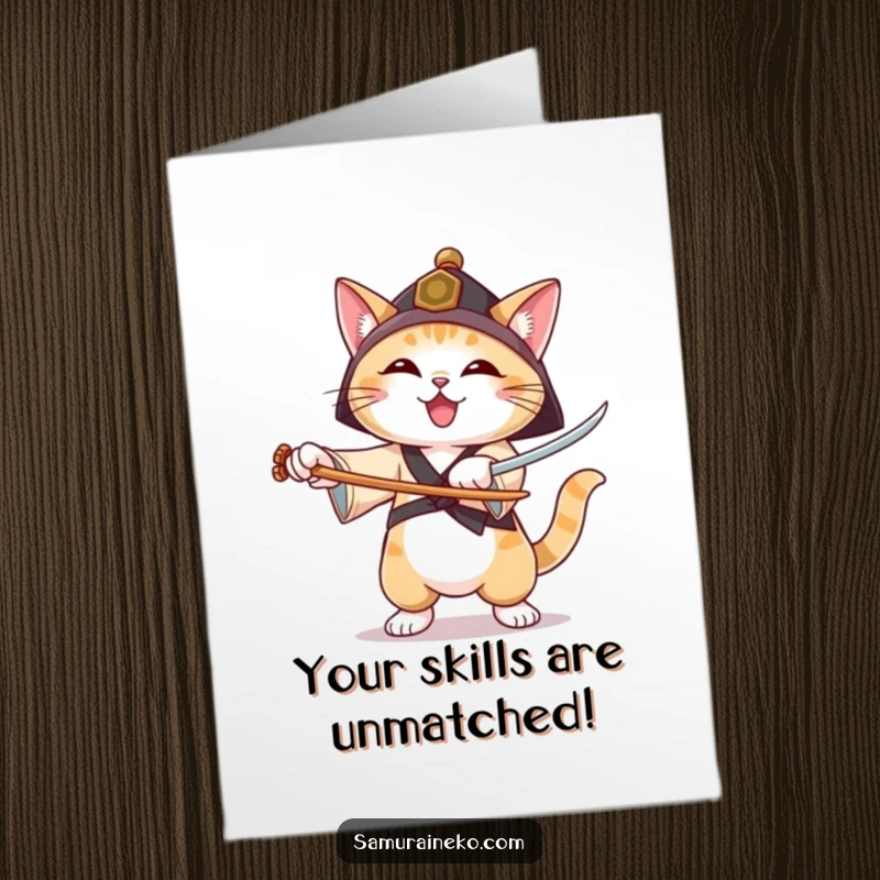 Funny Free Printable Congratulations Card of a cat in a ronin hat practicing sword forms with pure joy and skillful grace.