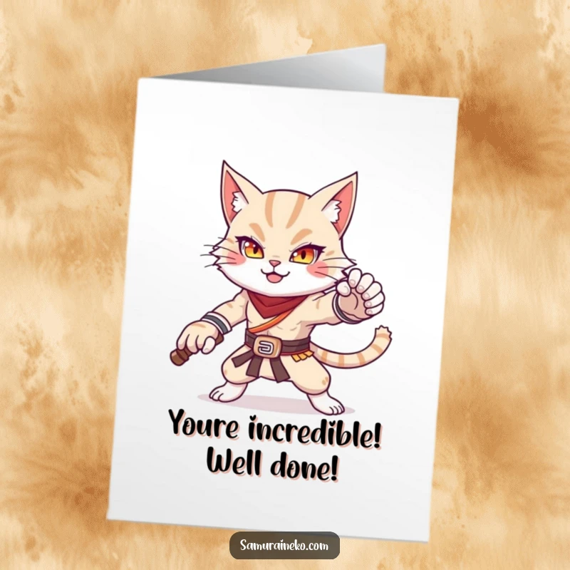 Funny Free Printable Congrats Card: An incredibly cute cat warrior strikes an imposing, powerful pose.
