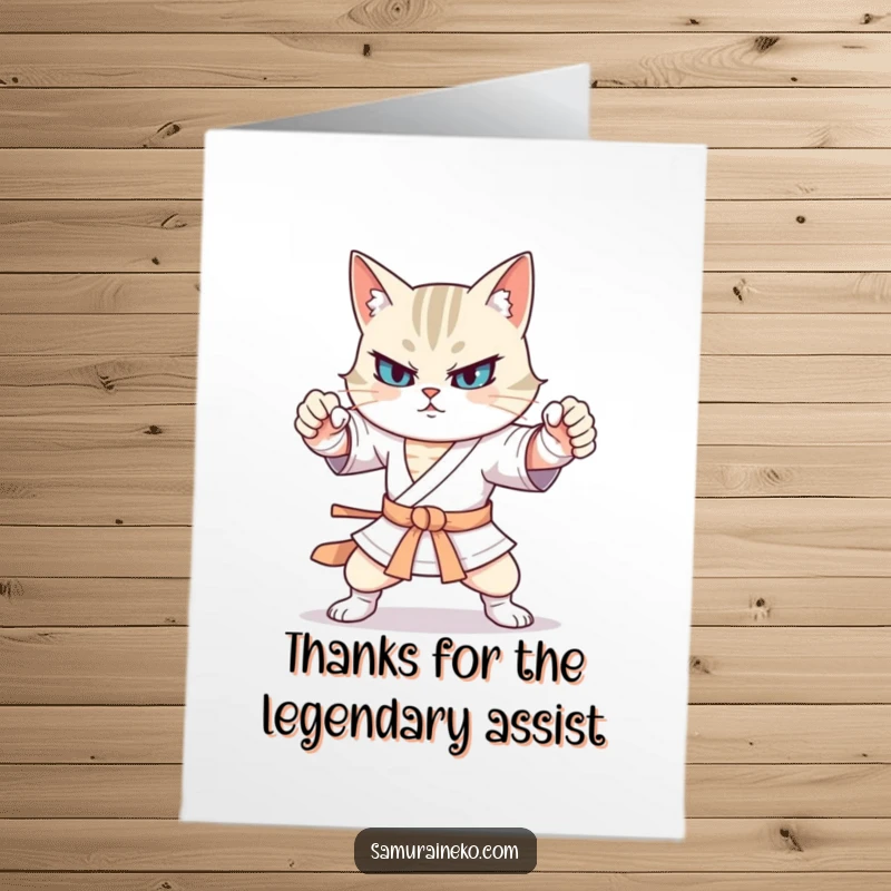 Funny Free Printable Thank You Card: A cat warrior holds a funny, exaggerated pose, expressing thanks with playful intensity.