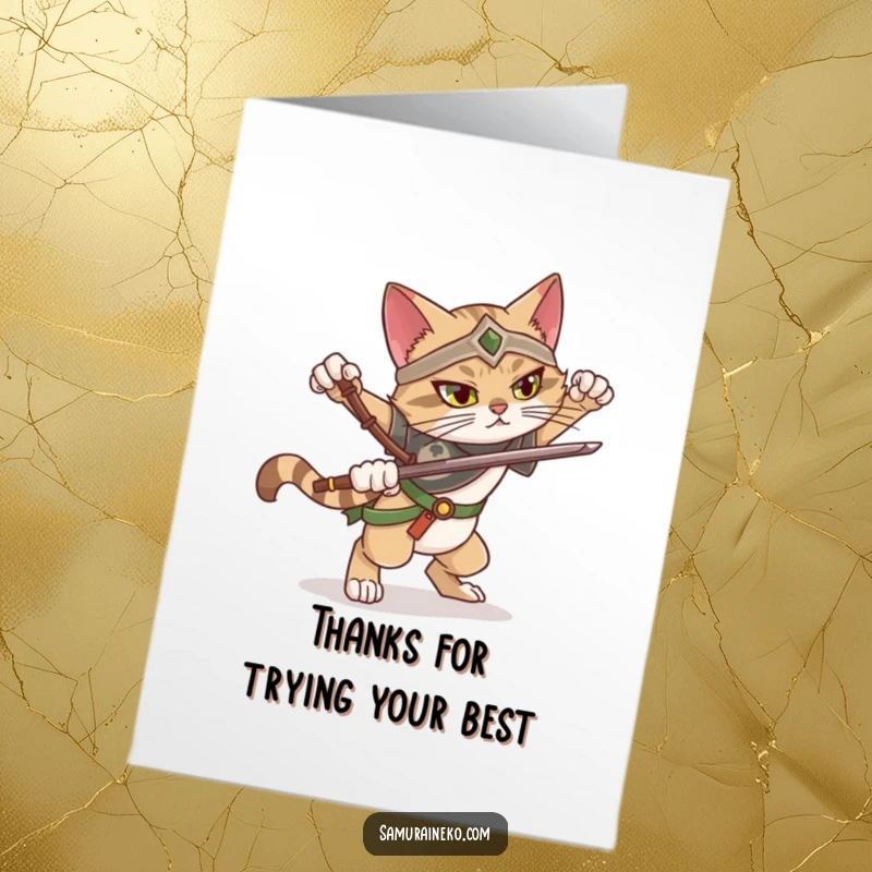 Funny Free Printable Thank You Card featuring a cat warrior striking a dramatic pose and losing balance slightly with a comical expression.
