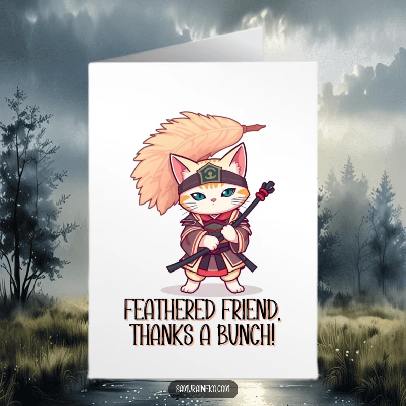 Free Printable Thank You Card: A cat samurai is expertly balancing a huge feather on its head, conveying thanks with style.