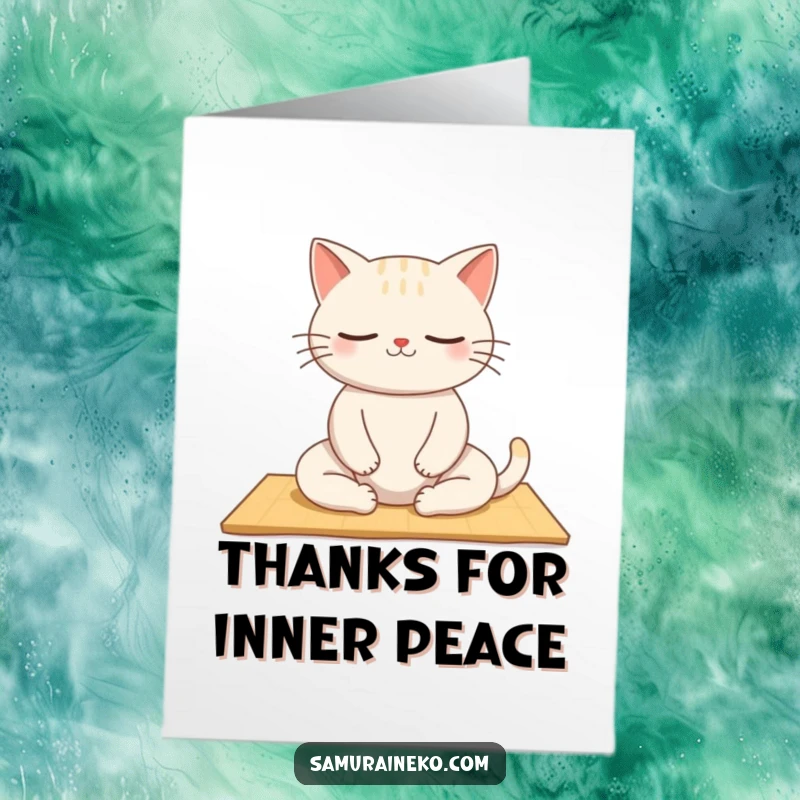 Funny Free Printable Thank You Card: A cat in a peaceful meditation pose on a tatami mat, conveying thanks gently.