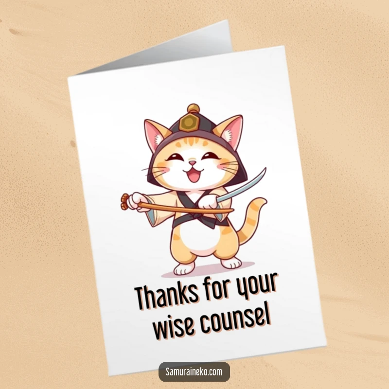 Funny Free Printable Thank You Card showing a cat in a ronin hat practicing sword forms with a happy, thankful expression.