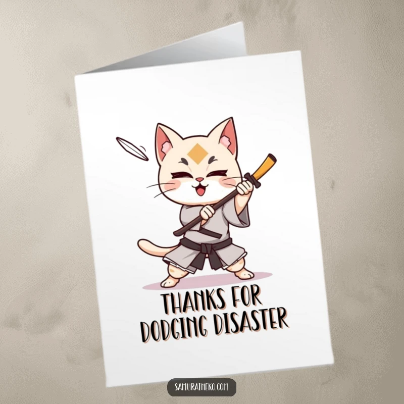 Funny Free Printable Thank You Card: Cat samurai character in mid-air, dodging a shuriken with pure delight.