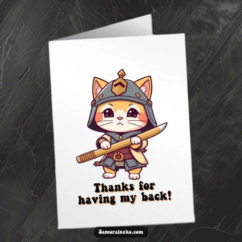 Free Printable Thank You Card: A small cat warrior in a helmet holds a bamboo sword, ready to express thanks with humor.