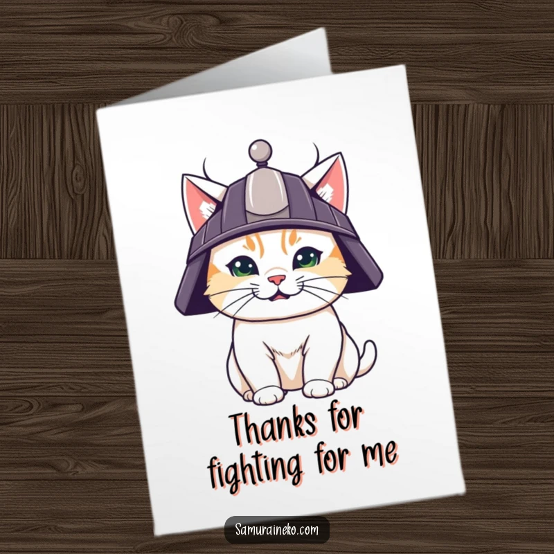 Funny Free Printable Thank You Card of a cute cat in a samurai helmet, sporting a thankful, determined grin.