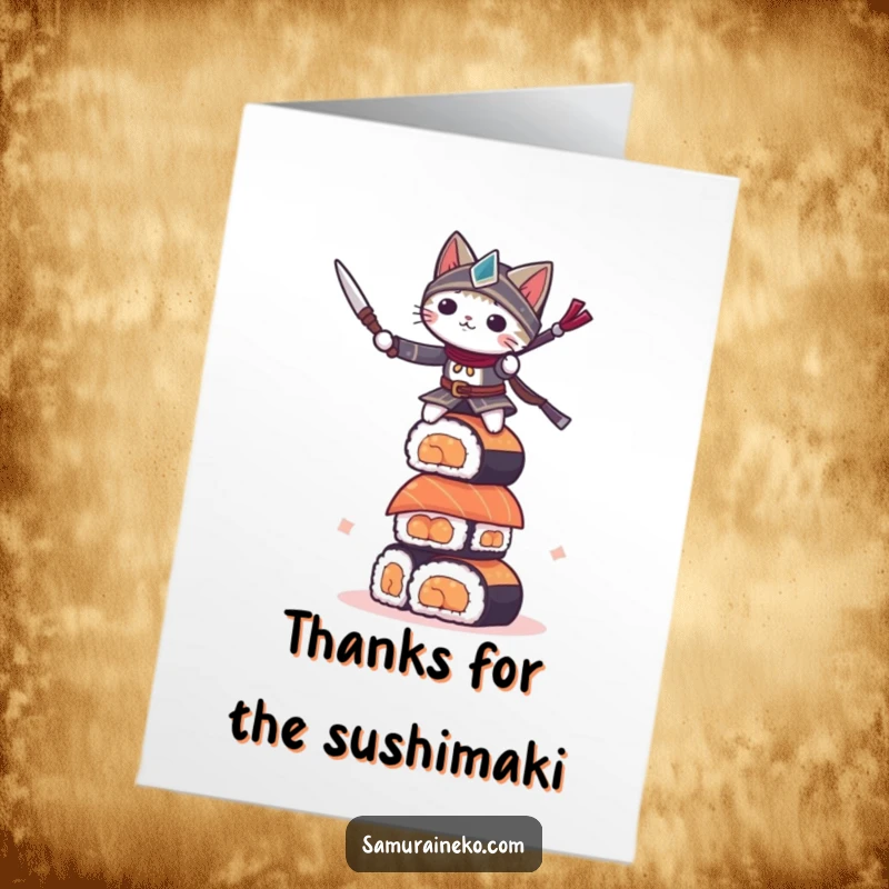 Funny Free Printable Thank You Card: Small cat warrior maintaining perfect balance upon a tower of delicious sushi.
