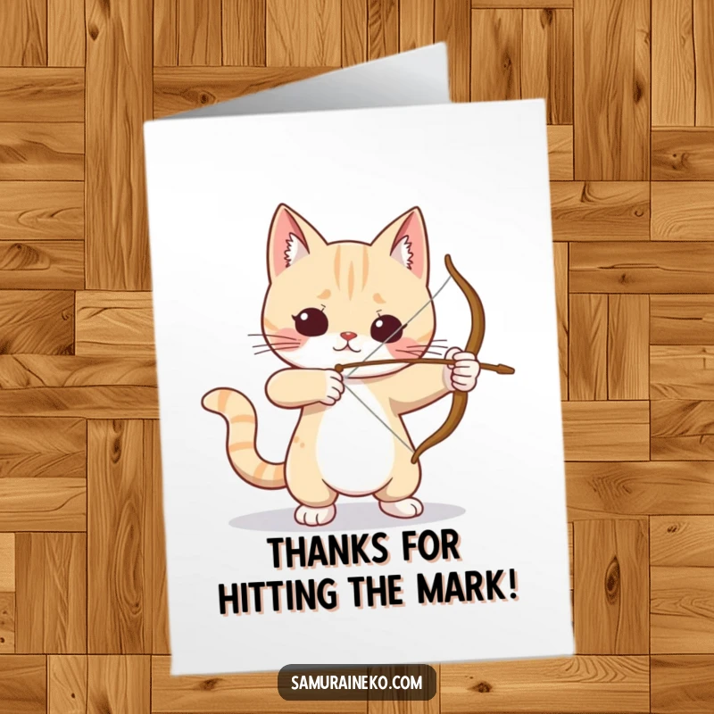 Funny Free Printable Thank You Card: A cat holding a small bow, aiming carefully to express thanks humorously.