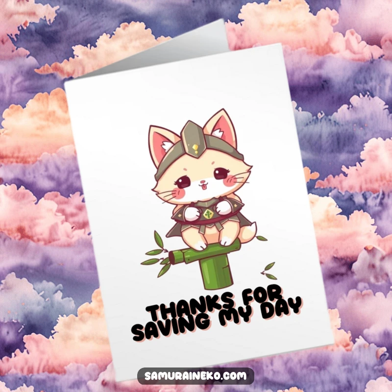 Funny Free Printable Thank You Card: Cat samurai in tiny armor bows politely on a bamboo stalk, expressing sincere thanks.