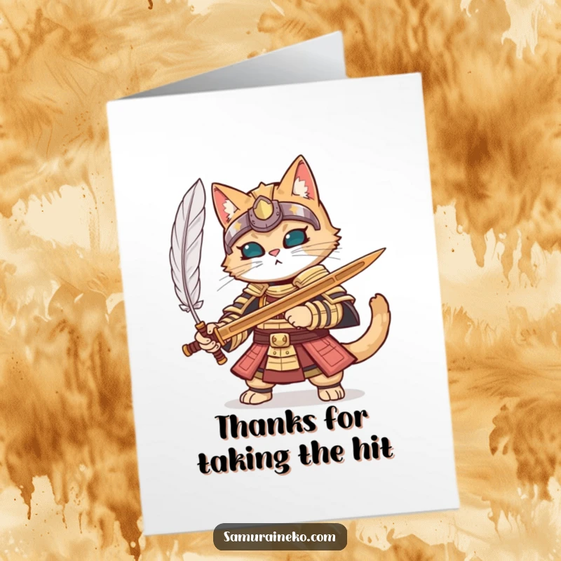 Funny Free Printable Thank You Card: A cat in full samurai armor uses a wooden sword to parry a single feather.