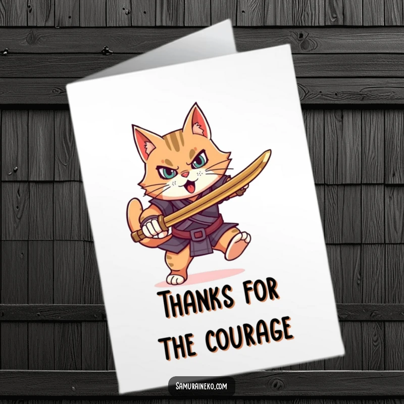 Funny Free Printable Thank You Card: Determined cat warrior charging ahead, brandishing a bamboo sword with purpose.