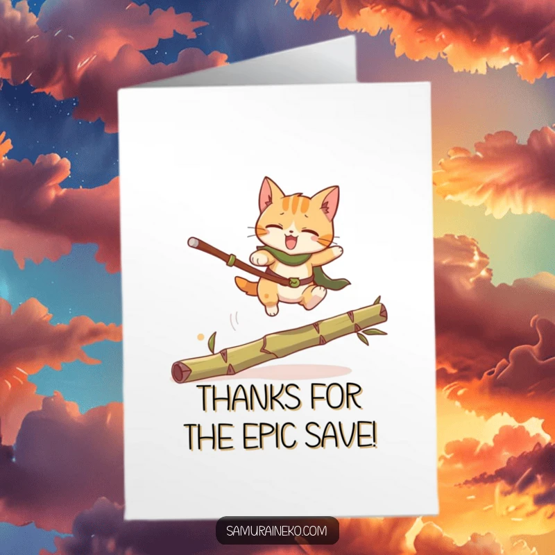 Funny Free Printable Thank You Card: An agile cat warrior leaping over a bamboo stalk, conveying thanks with energy.