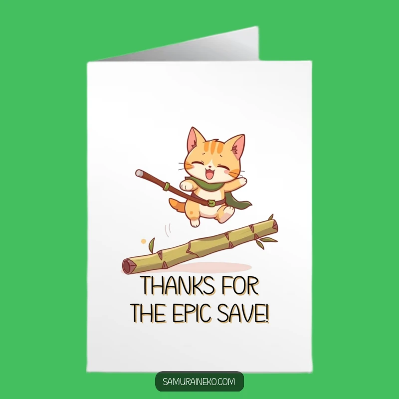 Free Printable Thank You Card: Funny Cat Warrior Leaping, Express Gratitude Downloadable Gift
