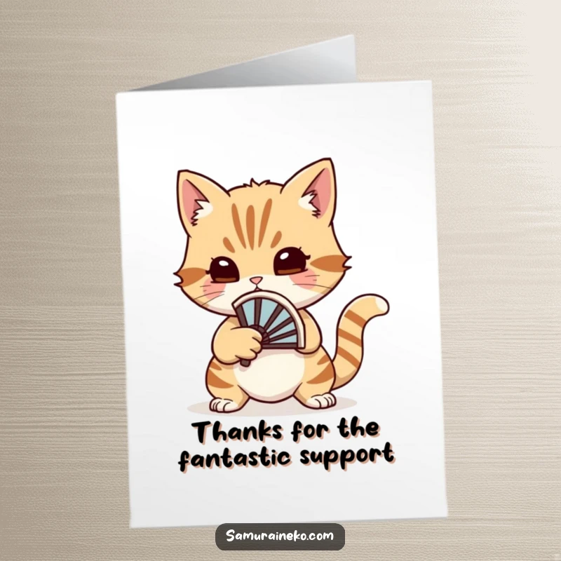 Funny Free Printable Thank You Card: A refined cat holds a small battle fan, ready for a whimsical duel, conveying thanks with style.
