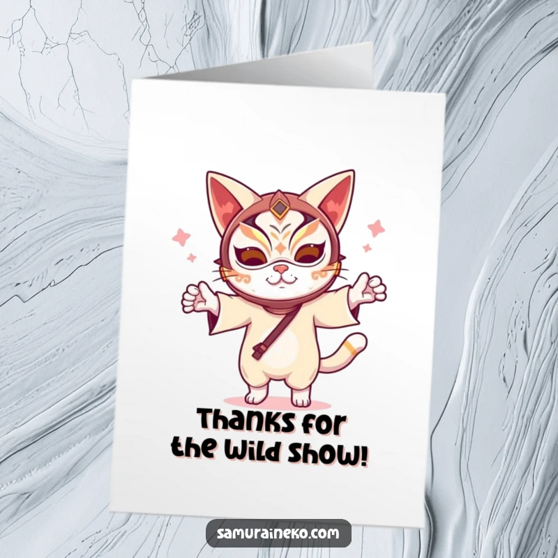 Funny Free Printable Thank You Card: A cat in a striking kabuki mask, dancing energetically to say thank you.
