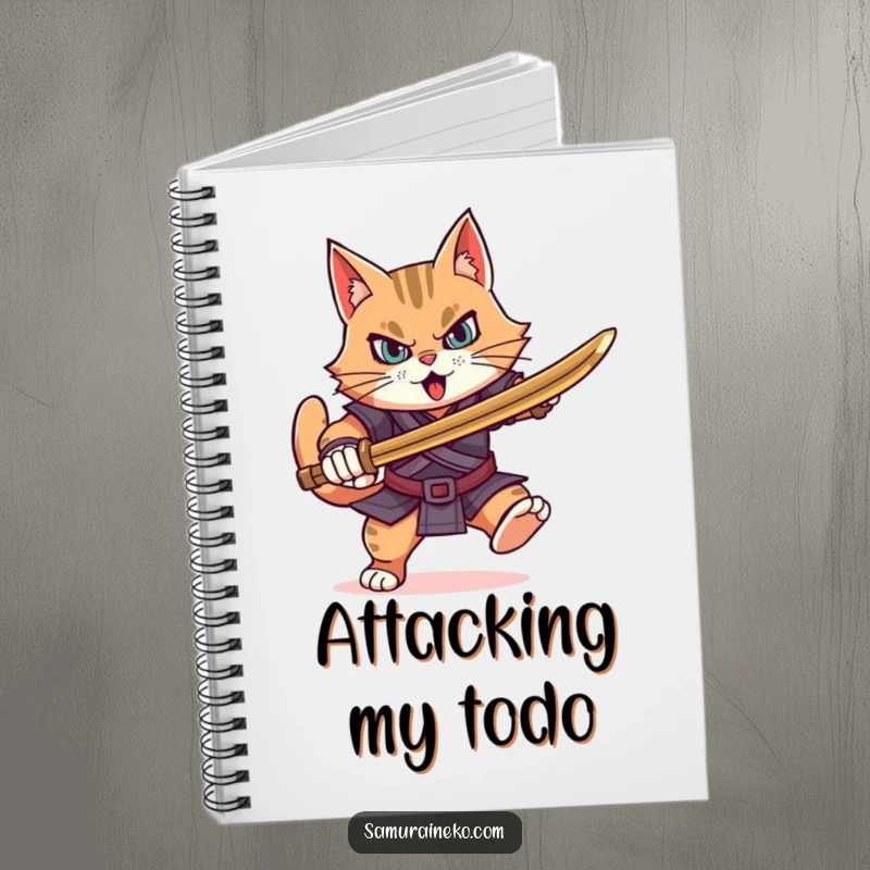 Funny determined cat warrior charging forward with a bamboo sword, this notebook is for capturing bold plans.